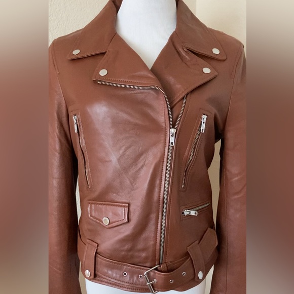 Motorcycle jacket soft leather cognac brown leather jacket size M moto jacket - Picture 1 of 16